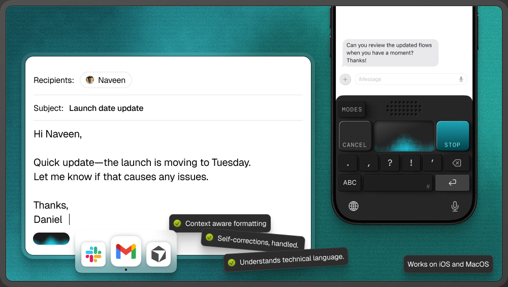 Monologue formatting dictated text in email and Messages on Mac and iPhone